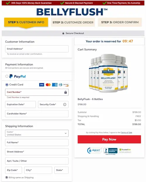 Secure BellyFlush checkout process and order summary